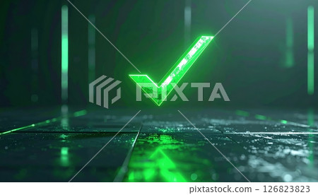 Futuristic glowing green checkmark symbol on digital screen representing success or approval in technology scene Futuristic glowing green checkmark symbol on digital screen representing success or approval in technology scene 126823823