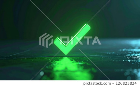 Modern glowing green check mark symbol on dark surface representing approval success confirmation and validation 126823824