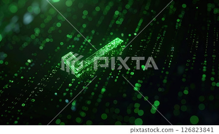 Digital check mark symbol composed of glowing green binary code and data streams on a dark background Digital check mark symbol composed of glowing green binary code and data streams on a dark background 126823841