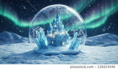 Fantasy ice castle inside a snow globe under a vibrant aurora borealis sky Fantasy ice castle inside a snow globe under a vibrant aurora borealis sky 126824046
