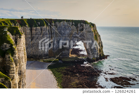 Gorgeous view of The Porte d'Aval, a huge flint archway in the Alabaster Coast, Normandy, France 126824261