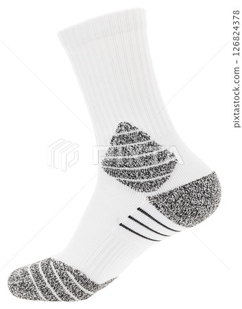 White athletic sock with cushioned sole and reinforced heel and toe isolated on white White athletic sock with cushioned sole and reinforced heel and toe isolated on white 126824378