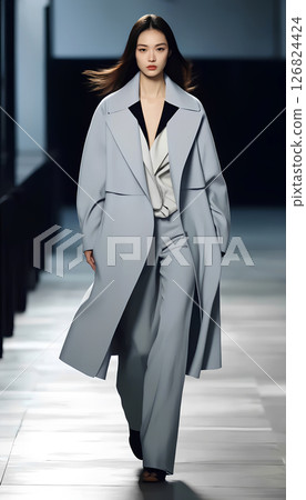Asian Model In Chic Grey-Blue Ensemble 126824424