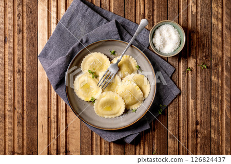 Homemade Ravioli Pasta Plate Top View 126824437
