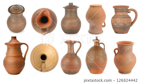 Collection of clay jugs and vases of different shapes isolated on white 126824442