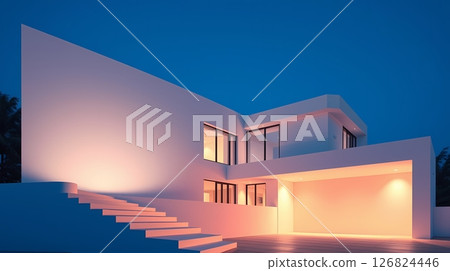 White minimalist house at night with warm lighting. 126824446