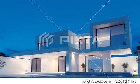 Clean-lined white house with bright surfaces. 126824452