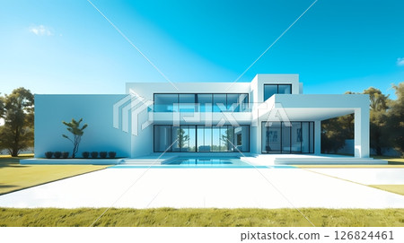 Clean white architecture under blue sky. 126824461