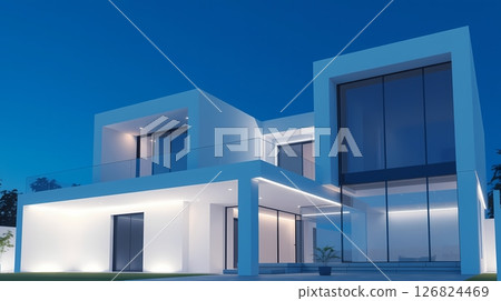 White minimalist house in blue-toned evening light. 126824469