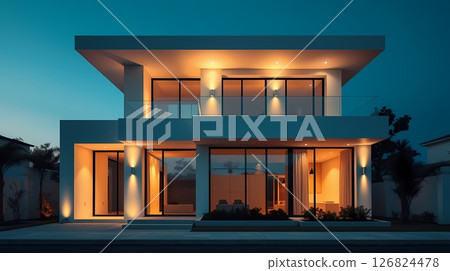 Night view of white house with interior lighting. 126824478