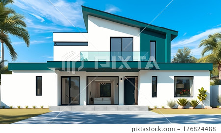 White and teal modern house with glass elements. 126824488