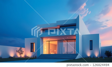 Minimalist white residence with soft shadows. Minimalist white residence with soft shadows. 126824494