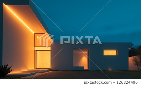 Modern white house at night with yellow lighting. 126824496