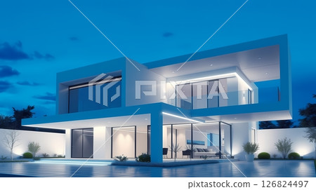 Modern white house with glass and concrete elements. 126824497