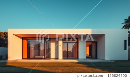 White minimalist home with glass and concrete details. 126824500