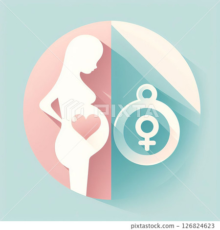 Illustration of pregnant woman with heart symbol and female icon, representing motherhood and femininity. 126824623