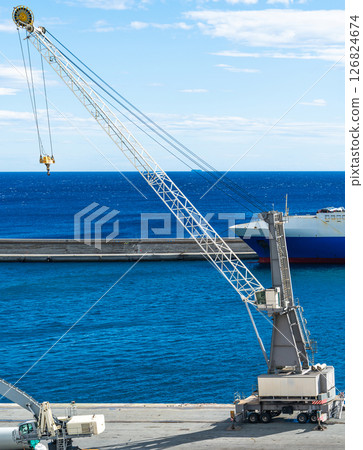 Large mobile port crane positioned by the sea on a sunny day 126824674