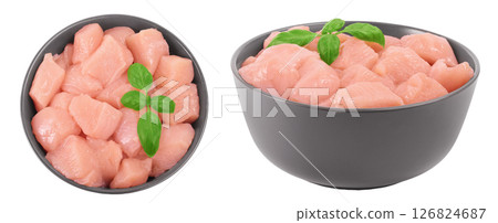 Raw diced chicken fillet in ceramic bowl isolated on white background. Top view. Flat lay Raw diced chicken fillet in ceramic bowl isolated on white background. Top view. Flat lay 126824687