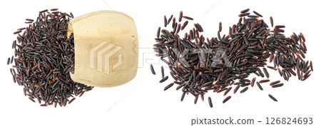 Black wild rice in wooden bowl isolated on white background close up. Top view. Flat lay Black wild rice in wooden bowl isolated on white background close up. Top view. Flat lay 126824693
