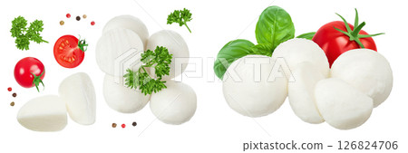 Mini mozzarella balls with parsley leaf isolated on white background. Top view. Flat lay. 126824706