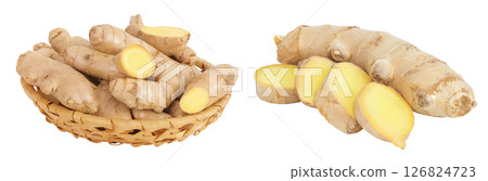 Fresh Ginger root and slices in a wicker basket isolated on white background Fresh Ginger root and slices in a wicker basket isolated on white background 126824723
