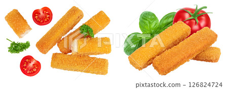 Fish finger or stick with parsley isolated on white background. Top view. Flat lay. Fish finger or stick with parsley isolated on white background. Top view. Flat lay. 126824724