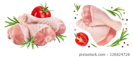 Raw chicken leg or drumstick isolated on white background with full depth of field 126824726