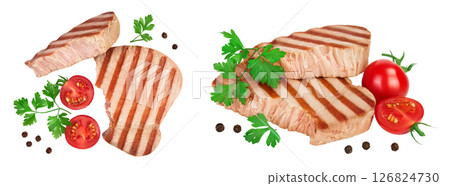 Tuna fish steak grilled isolated on white background with  full depth of field, Top view. Flat lay 126824730