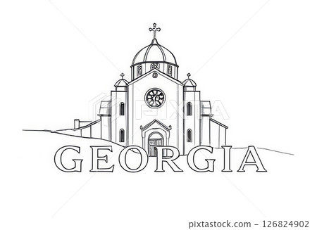 Minimalist line art illustration of a traditional Georgian church sketch with Georgia text below 126824902