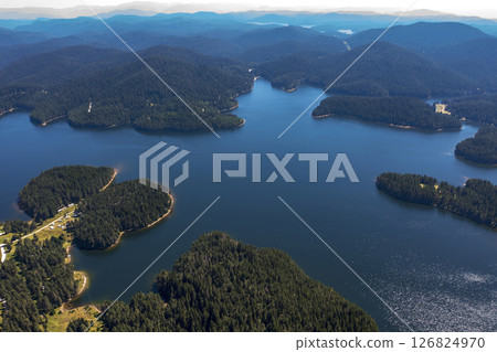 Stunning aerial view at Dam Shiroka Poliana, Bulgaria,  Beautiful blue water and green forest. 126824970