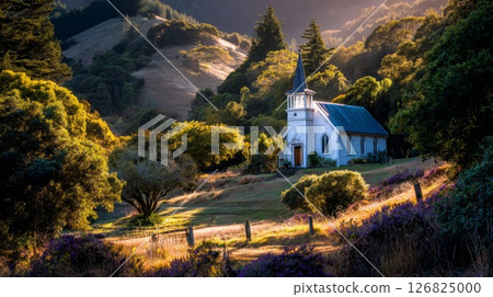 Rural church glowing under golden sunlight on grassy slopes. 126825000
