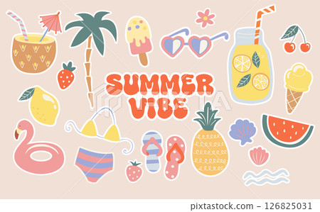 Summer set of hand drawn stickers,funny doodle holiday beach elements-watermelon,lemon,ice cream,palm,drinks, cocktail. Isolated elements for scrapbooking summer vibe. Perfect for templates,web.Vector 126825031