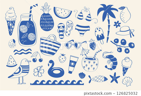 Summer set of hand drawn icons for hot season in sea style, funny doodle holiday beach elements -watermelon,ice cream, palm,drinks. Isolated blue and white elements. Perfect for templates,web. Vector 126825032