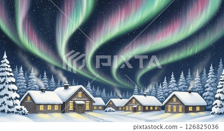 Aurora-lit Nordic snowy townscape 126825036