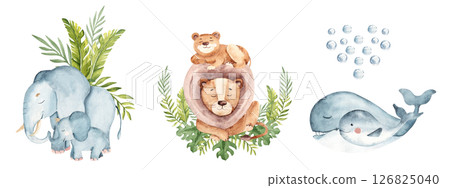 Set of Wild animals families with tropical leaves compositions. Cute elephant, lion and whale baby and adults. Watercolor hand drawn illustrations isolated on white background. For kid cards and Set of Wild animals families with tropical leaves compositions. Cute elephant, lion and whale baby and adults. Watercolor hand drawn illustrations isolated on white background. For kid cards and 126825040