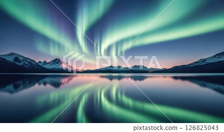A fantastic aurora and snowy mountains reflected on the lake surface 126825043