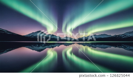 A fantastic aurora and snowy mountains reflected on the lake surface 126825044