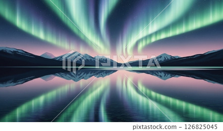 A fantastic aurora and snowy mountains reflected on the lake surface 126825045