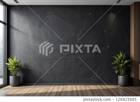 Minimalist Dark Feature Wall in Modern Workspace. 126825085