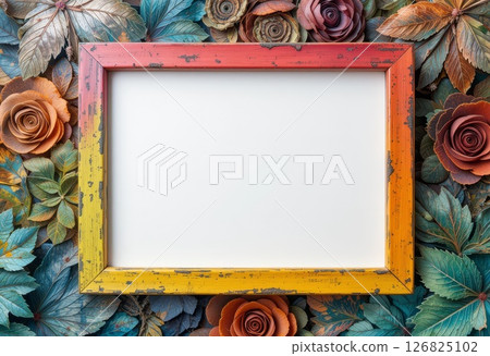 Wooden Photo Frame, Flowers Texture Background. 126825102