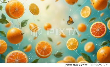 Bright Citrus Fruits and Leaves Floating in Water 126825124