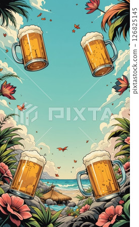 Summer Beach Beer Mugs with Tropical Flowers Frame 126825145
