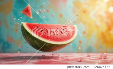 Refreshing Watermelon Slice with Splashes on Colorful Background 126825146