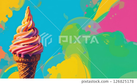 Swirled Ice Cream Cone on a Colorful Abstract Background Swirled Ice Cream Cone on a Colorful Abstract Background 126825178