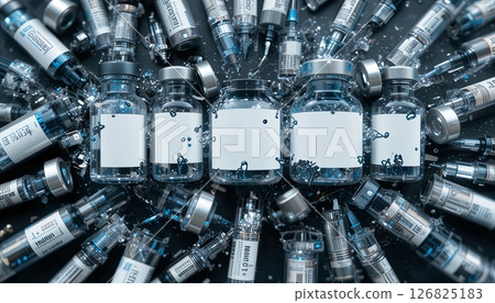 Multiple Vaccine Vials and Syringes on a Dark Background 126825183