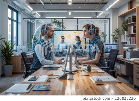 Office Team Collaborating with Innovative Technology in Modern Workplace Environment. 126825220