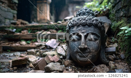 Buddha Head Lying on the Ground in Sacred Place. 126825241