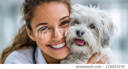 Woman Hugging Small White Dog at Vet Clinic 126825250