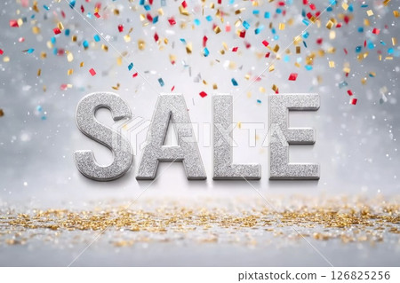 Silver SALE Text with Colorful Falling Confetti Silver SALE Text with Colorful Falling Confetti 126825256