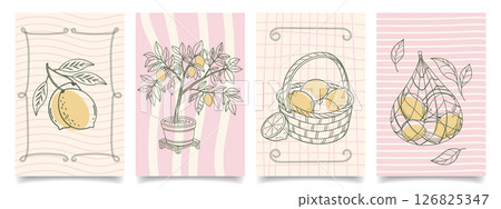 Collection of hand drawn lemon themed botanical illustrations for cards and posters. Mediterranean set. Sketch illustration. Collection of hand drawn lemon themed botanical illustrations for cards and posters. Mediterranean set. Sketch illustration. 126825347
